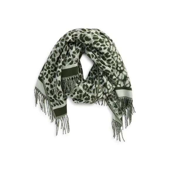 NWT Ted Baker Leopard Print Woven Long Acrylic Fringe Scarf Dark Green - Picture 1 of 4